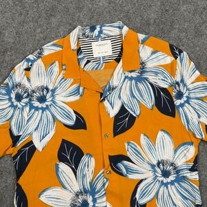 DENIM & FLOWER Shirt Ricky Singh Large Orange Floral Short Sleeve Button Up Men